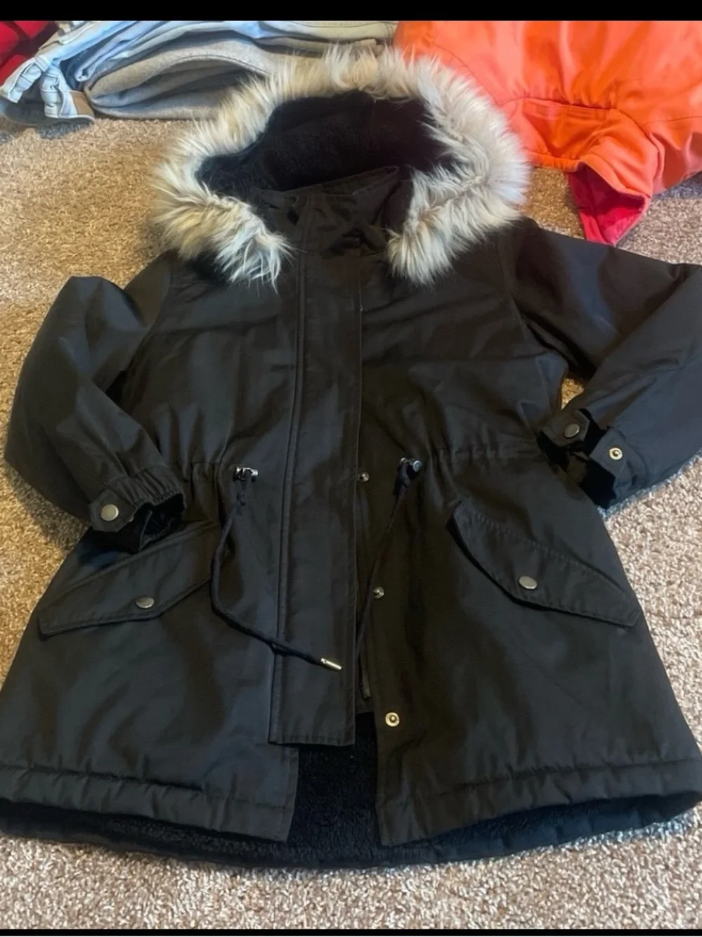 Black Faux-Fur Trim Parka Jacket - Women